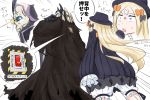  !? 1boy 1girl abigail_williams_(fate/grand_order) bangs black_bow black_cloak black_dress black_hat blonde_hair bloomers blue_eyes bow bug butterfly cloak commentary_request crossed_bandaids dress emphasis_lines facing_away fate/grand_order fate_(series) glowing glowing_eyes hair_bow hat highres horns insect king_hassan_(fate/grand_order) long_hair long_sleeves neon-tetora orange_bow parted_bangs polka_dot polka_dot_bow skull sleeves_past_fingers sleeves_past_wrists spikes sweat translated underwear very_long_hair white_bloomers 