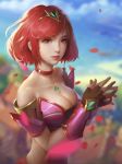  1girl bangs bare_shoulders breasts chinese_commentary choker cleavage commentary_request fingerless_gloves gloves hands_together large_breasts looking_at_viewer petals pyra_(xenoblade) red_eyes red_shorts redhead short_hair shorts shoulder_armor swept_bangs tiara xenoblade_(series) xenoblade_2 xiang_junyu_(vxcd2487) 