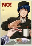  2boys beret black_eyes blue_hair cup food frown ginga_eiyuu_densetsu hat jacket male_focus mug multiple_boys oldschool outline plate reinhard_von_lohengramm sandwich sasha_gladysh sign signature upper_body yang_wen-li 