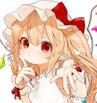  1girl alternate_costume artist_name bare_arms blonde_hair blush bow commentary_request crystal finger_to_cheek flandre_scarlet gotoh510 hands_up hat hat_bow highres index_finger_raised long_hair looking_at_viewer mob_cap nail_polish one_side_up pointy_ears red_bow red_eyes red_nails signature simple_background sleeveless solo touhou upper_body white_background white_hat wings wrist_cuffs 