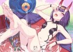  1girl alcohol barefoot breasts cleavage eyeshadow fangs fate/grand_order fate_(series) feet hair_ornament head_back highres horns impossible_clothes makeup navel oni oni_horns open_mouth partially_submerged purple_hair reclining revealing_clothes sake shadowgrave short_hair shuten_douji_(fate/grand_order) small_breasts solo stomach toes wet 