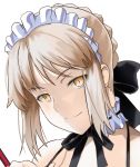  1girl alternate_costume artoria_pendragon_(all) artoria_pendragon_(swimsuit_rider_alter) blonde_hair braid enmaided fate/grand_order fate_(series) french_braid highres love-saber maid maid_headdress neck_ribbon ribbon saber slit_pupils smile solo strap_gap strap_pull upper_body white_background yellow_eyes 
