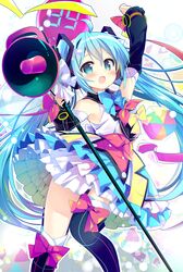  1girl 39 ahoge aqua_eyes aqua_hair arm_up balloon blush bow bowtie detached_sleeves hair_between_eyes hatsune_miku headphones highres long_hair magical_mirai_(vocaloid) megaphone nagayama_yuunon open_mouth skirt solo thigh-highs twintails very_long_hair vocaloid white_background 