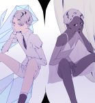  2others alternate_costume androgynous black_eyes black_skin bra cairngorm_(houseki_no_kuni) chin_rest curtains dark_persona dual_persona frown gem_uniform_(houseki_no_kuni) gloves grey_eyes grey_eyes grey_hair hakokoto head_rest houseki_no_kuni looking_at_another multiple_others necktie see-through short_hair silver_hair sitting smile spoilers underwear 