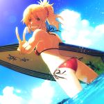  1girl ass bikini blonde_hair blush breasts commentary_request dutch_angle fate/apocrypha fate/grand_order fate_(series) green_eyes grin hair_ornament hair_scrunchie in_water looking_at_viewer looking_back medium_hair mordred_(fate) mordred_(fate)_(all) mordred_(swimsuit_rider)_(fate) ocean partially_submerged ponytail red_bikini scrunchie sg2119 side-tie_bikini sideboob small_breasts smile solo spiky_hair standing surfboard swimsuit v water 