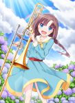  1girl :d blue_dress blush braid brown_hair clouds cross cross_necklace day dress eyebrows_visible_through_hair flower haradaiko_(arata_himeko) head_tilt holding holding_instrument hoshizaki_rika hydrangea instrument jewelry leaning_to_the_side long_hair long_sleeves looking_at_viewer low_twintails neckerchief necklace open_mouth outdoors rainbow raramagi sailor_dress sky smile solo sparkle standing sunlight trombone twin_braids twintails 