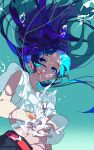  1girl blue_eyes blue_hair bubble earrings hanasaki_coa highres jewelry long_hair looking_at_viewer original underwater water 