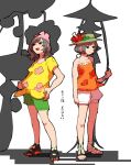  2girls blacephalon brown_hat cosplay costume_switch dual_persona flower green_shorts hand_holding hat hat_flower looking_at_another medium_hair mizuki_(pokemon) mizuki_(pokemon)_(cosplay) multiple_girls open_mouth pheromosa pleo pokemon pokemon_(creature) pokemon_(game) pokemon_sm red_hat sandals shadow shirt short_hair shorts standing tank_top translation_request ultra_beast white_background white_shorts yellow_shirt 