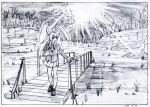  1girl :d black_border border bridge dated day forest graphite_(medium) grass greyscale hand_up jacket key_frame light_rays loafers long_hair long_sleeves monochrome nature open_mouth outdoors pink_x pleated_skirt reisen_udongein_inaba river scan shoes skirt smile socks solo standing touhou traditional_media wooden_bridge 