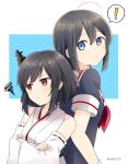  ! 2girls ahoge back-to-back black_hair black_serafuku blue_background blue_eyes braid commentary_request detached_sleeves hair_ornament hair_over_shoulder highres kantai_collection multiple_girls nontraditional_miko red_eyes school_uniform serafuku shigure_(kantai_collection) short_hair single_braid spoken_exclamation_mark squiggle two-tone_background white_background wide_sleeves yamashiro_(kantai_collection) younger yukichi_(eikichi) 