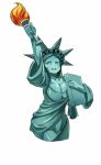  1girl absurdres breasts commentary dress english_commentary fire fourth_of_july green_dress green_hair green_skin hairband highres looking_at_viewer open_mouth personification simple_background sole-gem solo spiked_hairband spikes statue_of_liberty white_background 
