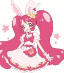  1girl :d animal_ears ariesuzu_(ariessz) bangs blush bow cake_hair_ornament choker collarbone cure_whip dress eyebrows eyebrows_visible_through_hair eyelashes flat_chest food_themed_hair_ornament frilled_dress frills gloves hair_ornament hairband kirakira_precure_a_la_mode long_hair magical_girl open_mouth pink pink_bow pink_choker pink_dress pink_eyes pink_gloves pink_hair pink_hairband precure rabbit_ears simple_background smile solo star twintails usami_ichika very_long_hair white_background 