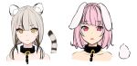  2girls :o absurdres animal_ears bunny_tail chains closed_mouth collar grey_hair highres low_twintails medium_hair metal_collar multiple_girls nezuko nude original parted_lips pink_eyes pink_hair rabbit_ears short_hair simple_background smile striped_tail sweatdrop tail tiger_ears tiger_tail twintails white_background yellow_background yellow_eyes 