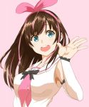  1girl a.i._channel bare_shoulders blue_eyes breasts brown_hair detached_sleeves eyebrows_visible_through_hair hair_ribbon hashimoto_(frog_flag) kizuna_ai long_hair medium_breasts pink_background pink_ribbon ribbon smile solo upper_body virtual_youtuber waving 