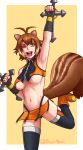  ;d animal_ears antenna_hair black_legwear black_panties blazblue breasts brown_hair clenched_hands crop_top dootmoon dual_wielding fingerless_gloves gloves highleg highleg_panties large_breasts makoto_nanaya microskirt multicolored_hair navel one_eye_closed open_mouth orange_eyes orange_skirt panties revealing_clothes short_hair skirt smile squirrel_ears squirrel_tail tail thigh-highs tonfa tongue tongue_out two-tone_hair under_boob underwear weapon 