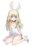  1girl animal_ears arm_behind_back blonde_hair blue_eyes casual_one-piece_swimsuit covered_navel curly_hair elin_(tera) emily_(pure_dream) high_heels highres long_hair one-piece_swimsuit rabbit_ears shoes sitting solo swimsuit tera_online white_swimsuit 