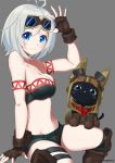  1girl adjusting_goggles animal antenna_hair blue_eyes blush breasts brown_gloves cat cleavage closed_mouth collarbone dennou_shoujo_youtuber_shiro eyebrows_visible_through_hair felyne fingerless_gloves gloves goggles goggles_on_head kiui_gunsou large_breasts looking_at_viewer monster_hunter monster_hunter:_world shiro_(dennou_shoujo_youtuber_shiro) short_hair smile solo virtual_youtuber white_hair 