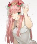  1girl :d commentary darling_in_the_franxx dress english_commentary fingernails flower green_eyes grey_background hair_flower hair_ornament hand_up highres horns leaning_forward long_hair looking_at_viewer mochii one_eye_closed open_mouth pink_hair red_flower signature smile solo white_dress zero_two_(darling_in_the_franxx) 