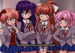  4girls 90s :d artist_name bangs black_legwear blazer blue_eyes blue_skirt blush bow brown_hair chestnut_mouth closed_mouth collared_shirt commentary cowboy_shot crossed_arms doki_doki_literature_club english eyebrows_visible_through_hair fake_screenshot film_grain finger_to_mouth green_eyes grey_blazer hair_bow hair_intakes hair_ornament hair_ribbon hairclip hands_on_hips hands_up high_ponytail index_finger_raised indoors jacket long_hair long_sleeves looking_at_viewer miniskirt monika_(doki_doki_literature_club) multiple_girls natsuki_(doki_doki_literature_club) neck_ribbon open_blazer open_clothes open_jacket open_mouth orange_hair own_hands_together parody pikiru pink_eyes pink_hair pleated_skirt ponytail purple_hair red_bow red_neckwear red_ribbon ribbon sayori_(doki_doki_literature_club) school_uniform shiny shiny_hair shirt short_hair sidelocks skirt smile standing straight_hair style_parody subtitled sweater_vest tareme thigh-highs twitter_username two_side_up v_arms very_long_hair vhs_artifacts violet_eyes watermark white_bow white_shirt wing_collar yuri_(doki_doki_literature_club) zettai_ryouiki 
