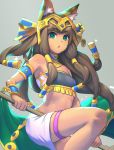  1girl absurdres animal_ears bandeau bangs bastet_(p&amp;d) black_hair bracelet cat_ears cat_tail chains chromatic_aberration dark_skin egyptian eyebrows_visible_through_hair fang green_eyes hair_tubes headphones highres jewelry knee_up long_hair necklace nene_(taiwan) open_mouth puzzle_&amp;_dragons solo staff tail 