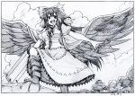  1girl :d black_border boots border bow cape character_request clouds cloudy_sky collared_shirt dated day dress graphite_(medium) greyscale hair_bow highres key_frame knee_up looking_at_viewer monochrome open_mouth outdoors outstretched_arms pink_x puffy_short_sleeves puffy_sleeves scan shirt short_sleeves sky smile solo spread_arms spread_wings touhou traditional_media wing_collar wings 