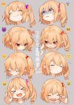  &gt;:( &gt;_&lt; ... 1girl :d =_= ^_^ artist_name blonde_hair blush bow clenched_hand closed_eyes commentary_request constricted_pupils expressions eyebrows_visible_through_hair fang_out flandre_scarlet gotoh510 grey_background hair_between_eyes hair_bobbles hair_bow hair_grab hair_ornament hair_ribbon hand_up highres laughing multiple_views musical_note open_mouth pale_face parted_lips pink_ribbon pointy_ears portrait purple_bow red_bow red_ribbon ribbon short_hair side_ponytail signature simple_background smile tears touhou translated v-shaped_eyebrows wiping_tears 