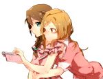  2girls bangs bent_over blonde_hair braid brown_hair cellphone collared_shirt commentary_request dress expressionless green_eyes hair_between_eyes hair_ornament hair_over_shoulder hamada_(super_tachioyogi_kyousou) head_rest holding holding_phone hug hug_from_behind long_hair looking_at_another looking_at_phone multiple_girls open_collar original own_hands_together phone pink_dress red_eyes red_shirt shiny shiny_hair shirt side_braid simple_background sketch sleeve_cuffs smartphone standing swept_bangs upper_body waist_hug white_background yuri 