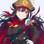  1girl black_hair black_hat blush closed_mouth eyebrows_visible_through_hair fate/grand_order fate_(series) gloves hat long_hair long_sleeves looking_at_viewer oda_nobunaga_(fate) red_eyes smile solo tgh326 upper_body v white_gloves 