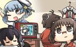  3girls :3 :d antenna_hair bespectacled blue_hair blush brown_eyes brown_hair commentary_request dated double_bun fang from_behind glasses grey_hair hair_bun hamu_koutarou hat highres kantai_collection multiple_girls naka_(kantai_collection) one_eye_closed open_mouth ramen red-framed_eyewear remodel_(kantai_collection) rimless_eyewear samuel_b._roberts_(kantai_collection) sitting sleeping smile sparkle star_hat_ornament television tokitsukaze_(kantai_collection) track_suit translated 