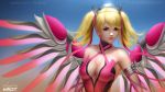  1girl alternate_costume alternate_hairstyle artist_name bare_shoulders blonde_hair blue_background blue_eyes breasts brown_background cleavage criss-cross_halter dress gloves gradient gradient_background hair_ribbon halterneck highres large_breasts light_smile lips looking_at_viewer mechanical_halo mechanical_wings mercy_(overwatch) nose overwatch pink_dress pink_lips pink_mercy pink_ribbon pink_wings ribbon shurakrgt signature sleeveless sleeveless_dress solo twintails upper_body wings 