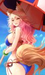  1girl :d animal_ears arano_oki ass bangle bangs bare_shoulders beach_umbrella bikini blue_bikini blue_sky blush bracelet breasts clouds commentary_request day eyebrows_visible_through_hair fang fate/grand_order fate_(series) fox_ears fox_girl fox_tail holding holding_umbrella horizon jewelry large_breasts long_hair looking_back ocean open_mouth outdoors partial_commentary pink_hair pixiv_fate/grand_order_contest_2 side-tie_bikini sky smile solo swimsuit tail tamamo_(fate)_(all) tamamo_no_mae_(swimsuit_lancer)_(fate) umbrella very_long_hair water wavy_hair yellow_eyes 