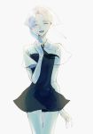  1other androgynous blue_hair closed_eyes elbow_gloves euclase_(houseki_no_kuni) eyebrows_visible_through_hair gem_uniform_(houseki_no_kuni) gloves happy highres houseki_no_kuni kaku_(yabe920311) multicolored_hair necktie open_mouth short_hair smile solo thick_eyebrows white_background white_hair 