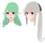  2girls :d absurdres bangs black_ribbon blush copyright_request green_hair grey_hair hair_ribbon highres long_hair looking_at_viewer multiple_girls nezuko nose_blush open_mouth pink_eyes pointy_ears ponytail red_eyes ribbon signature simple_background smile white_background 