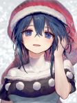  1girl ainy77 blue_eyes blue_hair blush breasts commentary_request doremy_sweet fur_trim hair_between_eyes hand_in_hair hat highres looking_at_viewer nightcap open_mouth pom_pom_(clothes) red_hat smile solo touhou upper_body 