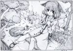  1girl against_wall animal_ears black_border border branch broom character_request closed_mouth dated dog_ears dress fence graphite_(medium) grass greyscale hands_up highres holding key_frame loafers long_sleeves looking_at_viewer monochrome pink_x scan shoes short_hair sitting smile solo touhou traditional_media 