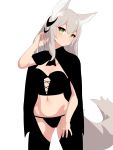  1girl animal_ears black_cape black_legwear black_panties blush breasts cape corset cowboy_shot eyebrows_visible_through_hair fox_ears fox_tail green_eyes grey_hair hand_in_hair hand_up head_tilt highres legs_apart looking_at_viewer medium_breasts navel nezuko original panties parted_lips simple_background slit_pupils smile solo standing tail thigh-highs underwear white_background 