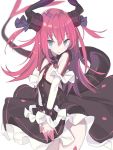 1girl bangs black_dress black_ribbon blade_(galaxist) blue_eyes blurry blurry_background blush commentary_request curled_horns depth_of_field detached_sleeves dragon_girl dragon_horns dragon_tail dress elizabeth_bathory_(fate) elizabeth_bathory_(fate)_(all) eyebrows_visible_through_hair fate/extra fate/extra_ccc fate_(series) hair_between_eyes hair_ribbon horns long_hair long_sleeves looking_at_viewer parted_lips pink_hair ribbon simple_background solo tail two_side_up very_long_hair white_background 