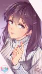  1girl absurdres artist_name commentary copyright_name doki_doki_literature_club english_commentary hair_between_eyes hair_ornament hairclip highres holding holding_pen huge_filesize long_hair looking_at_viewer moriartea-chan pen purple_hair ribbed_sweater solo sweater upper_body violet_eyes white_sweater yuri_(doki_doki_literature_club) 