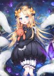 1girl abigail_williams_(fate/grand_order) bangs black_bow black_dress black_hat blonde_hair bloomers blue_eyes blush bow bug butterfly commentary_request dress eyebrows_visible_through_hair fate/grand_order fate_(series) hair_bow hat highres insect long_hair long_sleeves looking_at_viewer object_hug open_mouth orange_bow parted_bangs partially_submerged polka_dot polka_dot_bow pong_(vndn124) sleeves_past_fingers sleeves_past_wrists solo stuffed_animal stuffed_toy tears teddy_bear tentacle underwear very_long_hair water white_bloomers 