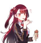  1girl bangs blazer blush braid breasts chizu_(cheese) collared_shirt finger_licking food french_braid girls_frontline gloves hair_ribbon half_updo hand_up holding holding_food ice_cream ice_cream_cone jacket large_breasts licking long_hair looking_at_viewer necktie one_side_up open_mouth purple_hair red_eyes red_neckwear ribbon shirt sidelocks simple_background solo strap striped striped_shirt surprised tongue tongue_out upper_body very_long_hair wa2000_(girls_frontline) white_background white_shirt 