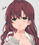  1girl :3 bangs blue_eyes blush breasts brown_hair cleavage earrings eyebrows_visible_through_hair finger_to_mouth fingernails grey_background ichinose_shiki idolmaster idolmaster_cinderella_girls jewelry kirarin369 lips long_fingernails long_hair looking_at_viewer onomatopoeia open_clothes open_shirt parted_lips simple_background smile solo upper_body wavy_hair 