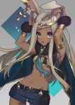  1girl :o animal_ears ankh armlet beltbra blonde_hair blue_cape breasts brown_eyes cape commentary_request cowboy_shot dark_skin earrings floating_hair fur_trim hands_up highres jewelry long_hair navel open_mouth original rabbit_ears shorts small_breasts solo tassel westxost_(68monkey) 