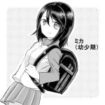  1girl backpack bag bangs closed_mouth cowboy_shot dutch_angle eyebrows_visible_through_hair girls_und_panzer greyscale halftone halftone_background jacket long_sleeves looking_at_viewer medium_hair mika_(girls_und_panzer) miniskirt moekichi monochrome outside_border pleated_skirt raglan_sleeves randoseru skirt smile solo standing track_jacket younger 