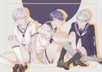  3others alternate_costume androgynous antarcticite bangs blue_eyes blue_hair blunt_bangs cairngorm_(houseki_no_kuni) colored_eyelashes frown grey_eyes grey_eyes grey_hair hair_over_one_eye highres houseki_no_kuni kneehighs long_bangs looking_at_viewer multiple_others phosphophyllite phosphophyllite_(ll) sailor_collar short_hair shorts silver_hair sitting smile spoilers white_eyes white_hair 