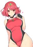  1girl blush breasts fingerless_gloves gloves harukon_(halcon) highres pyra_(xenoblade) large_breasts looking_at_viewer one-piece_swimsuit red_eyes redhead short_hair simple_background smile solo swimsuit wide_hips xenoblade_(series) xenoblade_2 