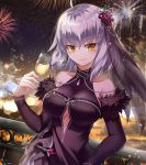  1girl adapted_costume alcohol blush breasts chains champagne champagne_flute commentary_request cup detached_sleeves dress drinking_glass fate/grand_order fate_(series) fireworks flower fur-trimmed_sleeves fur_trim hair_flower hair_ornament jeanne_d&#039;arc_(alter)_(fate) jeanne_d&#039;arc_(fate)_(all) large_breasts leaning_on_rail long_dress nokmal purple_dress short_hair side_slit silver_hair smile solo under_boob underboob_cutout veil yellow_eyes 