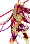  1girl aiguillette arm_over_head boots breasts closed_mouth double-breasted dress epaulettes fate/grand_order fate_(series) fighting_stance gae_bolg hair_intakes holding holding_spear holding_weapon l_asakura long_hair military military_uniform polearm purple_hair red_eyes scathach_(fate/grand_order) skirt spear thigh-highs uniform very_long_hair weapon white_dress white_footwear 
