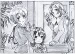 3girls :p :q bag blush bow bowtie breasts dated eyebrows_visible_through_hair food food_on_face graphite_(medium) greyscale hair_ornament hair_scrunchie highres hoshizora_rin jacket large_breasts long_hair long_sleeves looking_at_viewer looking_back love_live! love_live!_school_idol_project low_twintails monochrome multiple_girls pink_x plant pleated_skirt potted_plant scan school_uniform scrunchie short_hair shoulder_bag skirt smile sonoda_umi tongue tongue_out toujou_nozomi traditional_media twintails