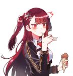  1girl :t anger_vein angry bangs blazer blush braid breasts chizu_(cheese) collared_shirt embarrassed finger_licking food french_braid girls_frontline gloves hair_ribbon half_updo hand_up holding holding_food ice_cream ice_cream_cone jacket large_breasts licking long_hair looking_at_viewer necktie one_side_up purple_hair red_eyes red_neckwear ribbon shirt sidelocks simple_background solo strap striped striped_shirt surprised sweat tsundere upper_body very_long_hair wa2000_(girls_frontline) white_background white_shirt 