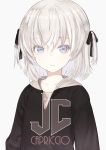 1girl artist_name bangs black_bow black_hoodie bow capriccio commentary_request eyebrows_visible_through_hair grey_background grey_eyes hair_between_eyes hair_bow hood hood_down hoodie looking_at_viewer original parted_lips silver_hair simple_background solo two_side_up upper_body 